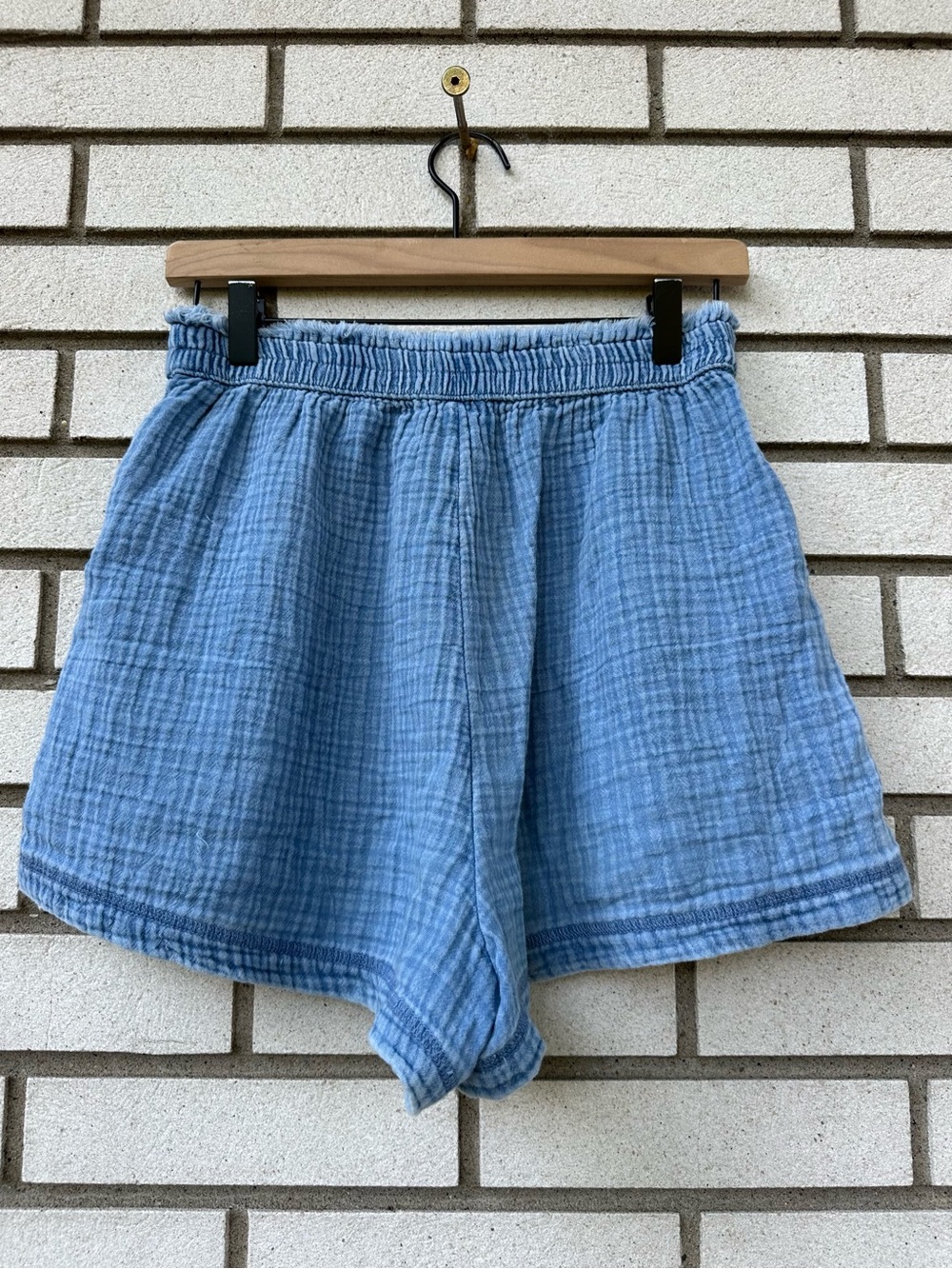 Aerie Gauzy High Waisted Blue Cotton Raw Edge Lounge Shorts M Pockets Beach - Picture 9 of 13